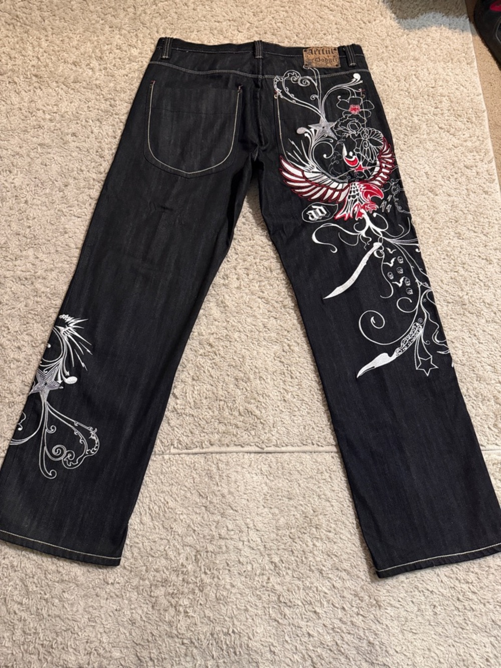 Vintage Artful Dodger Jeans with Red & White Embroidered Accent.